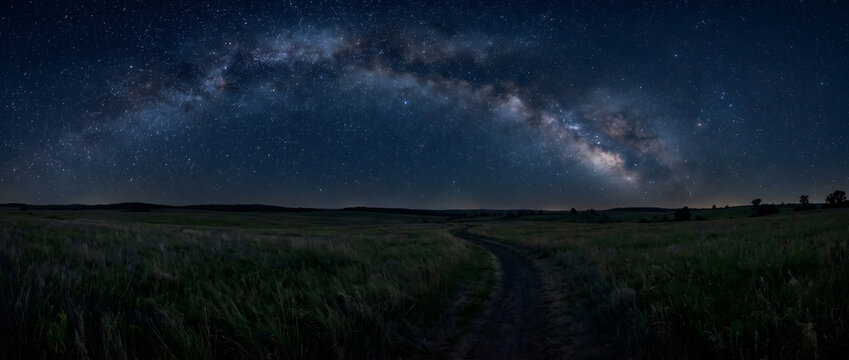 This panoramic night landscape features the glowing Milky Way arching over a rural grassland with a winding dirt path cutting through the open field under a starry dark sky.