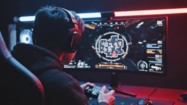 Person playing video game on computer emphasizing advanced technology and cybersecurity