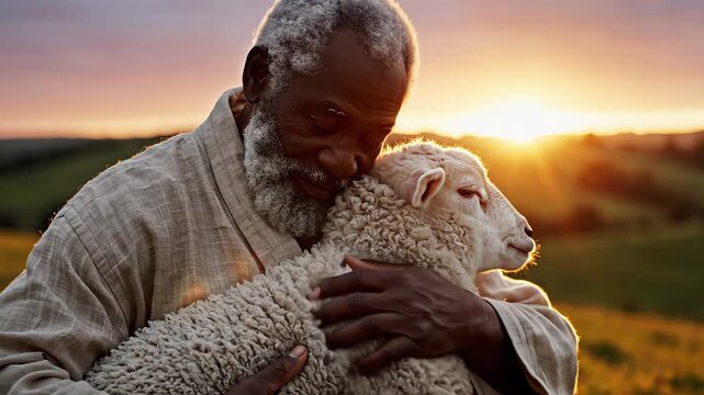 Elderly man holding lamb at sunset perfect for scenic backgrounds and natural storytelling