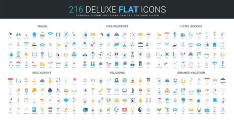Comprehensive flat icon set covering travel, visa, hotel services, restaurants, world religions, and summer vacation themes, ideal for global tourism hospitality concepts isolated vector illustration © Iconic Prototype