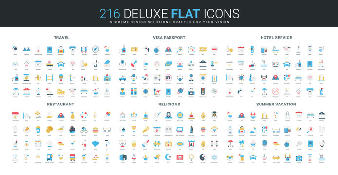 Comprehensive flat icon set covering travel, visa, hotel services, restaurants, world religions, and summer vacation themes, ideal for global tourism hospitality concepts isolated vector illustration