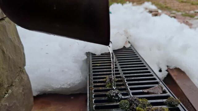 Close up video of clear water flowing down from a dark downspout into a storm drain covered with melting snow, moss and dead leaf. Early spring weather, warming and house roof drainage concept.