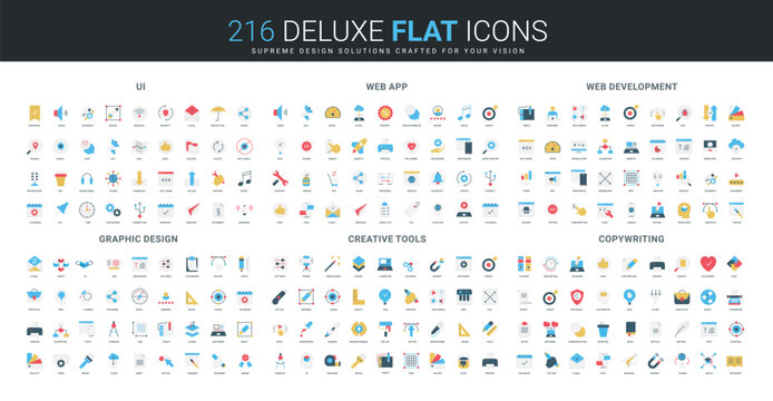 Comprehensive flat icon collection covering user interface, web app, development, graphic design, creative tools, and copywriting concepts isolated vector illustration
