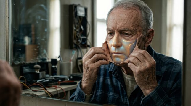 Elderly Man Applying Futuristic Face Mask
