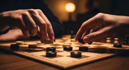 Fototapeta premium Close-up of Hands Playing Checkers on a Wooden Board, Strategic Game.