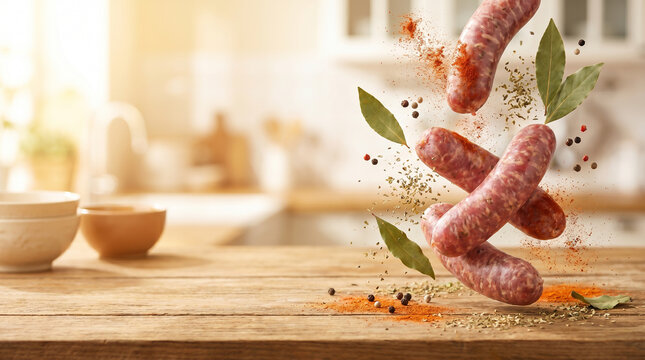 Fresh Raw Sausages Flying with Spices and Bay Leaves over Wooden Kitchen Table