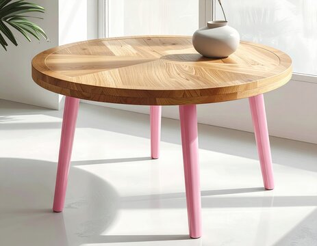Round wooden table with a chevron pattern, supported by four bright pink tapered legs