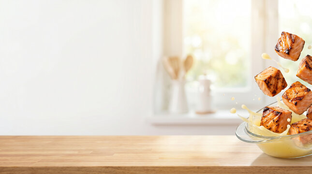 Grilled salmon cubes splashing into a bowl of sauce on a wooden table in a bright kitchen with copy space