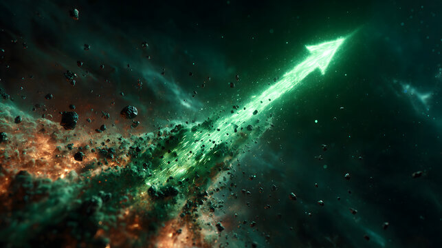 Bright glowing green arrow soaring upward showing financial success and dynamic energy with an optimistic feeling for future business growth