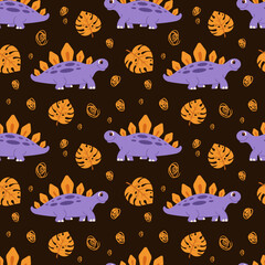 Seamless dinosaur pattern for kids' textile and nursery decor. Featuring purple stegosaurus characters and orange tropical leaves on a dark background. Vector illustration for children's design. © Инна Музыка