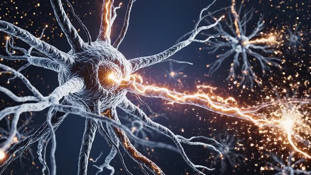 Neuron cell with electrical activity symbolizing digital transformation and future innovation