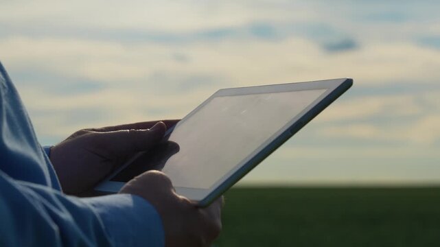 agriculture Precision farming inspection, Data-driven crop management, Sustainable agriculture practices, Innovative farming techniques, Tablet in agricultural work, Checking crops with technology