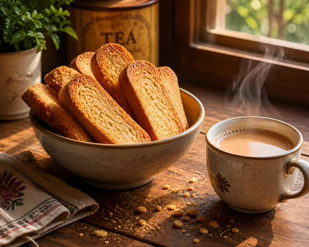 Traditional golden crispy cake rusks in a bowl served with a cup of hot steaming milk tea on a wooden table with morning sunlight