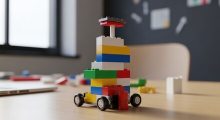 Naklejka premium Colorful Lego Car Toy on Wooden Table with Window and Chair in Background.