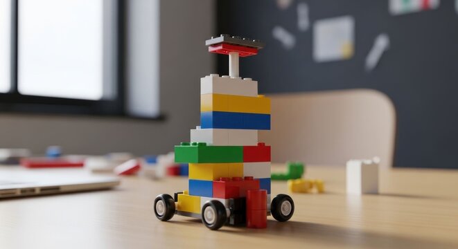 Colorful Lego Car Toy on Wooden Table with Window and Chair in Background.