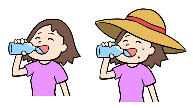 麦わら帽子の有無で選べる熱中症対策にペットボトルの水で水分補給する女性のイラストセット