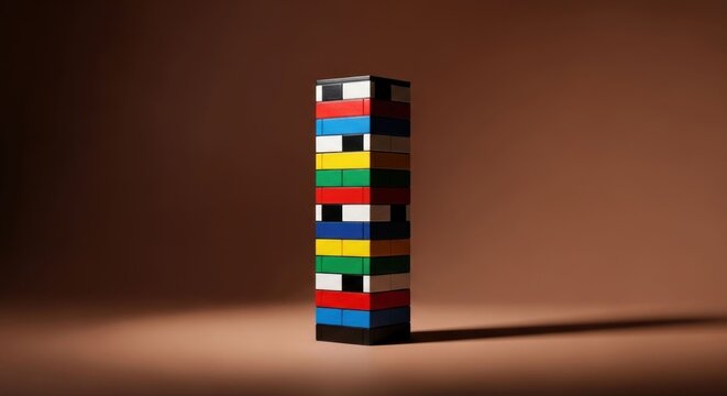 Colorful Lego Tower - A Vibrant Stack of Building Blocks on Brown Background.