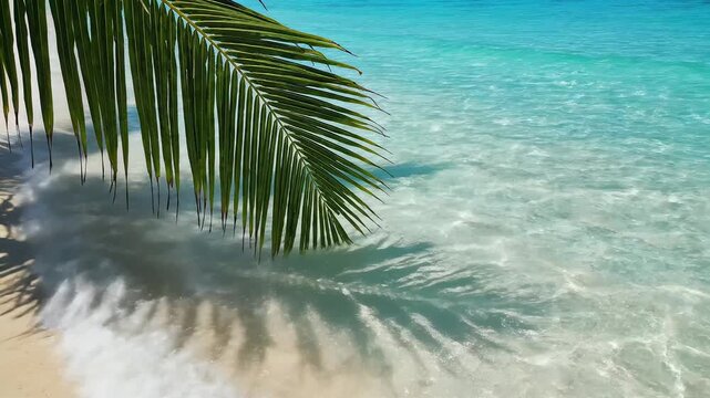 Palm leaf on sandy beach near clear water ideal for travel vlogs and eco-friendly campaigns