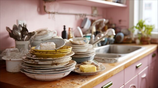 The kitchen counter is overwhelmed with dirty plates, silverware, and food remnants. The sink beside is filled with unwashed dishes, reflecting a lively day filled with meals and activity