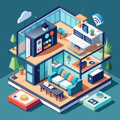 Fototapeta premium Smart Home Cutaway Interior Isometric Vector Illustration