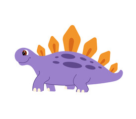 Little purple stegosaurus with orange plates and dark spots. Friendly animal character for kids' education, nursery decor, and textile design. Vector illustration isolated on white background. © Инна Музыка