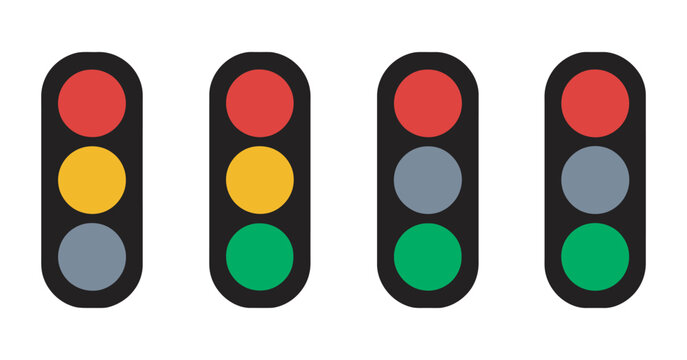 Traffic Light Icon Set, red yellow green signals, traffic signal regulation system icons, street control design, clean vector illustration
