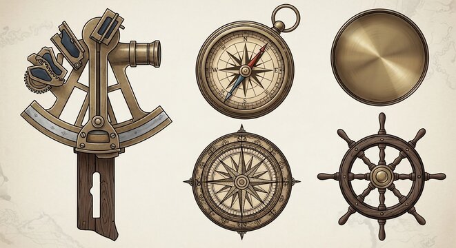 Vintage Navigation Tools: Sextant, Compasses, Ship's Wheel in Warm Sepia Tones