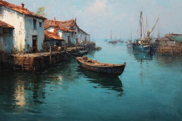 Fototapeta premium Serene Harbor Scene with Boats and Rustic Buildings