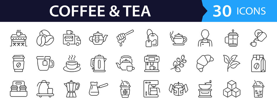 Coffee and tea Web Icon Set in Linear Style. Collection of coffee and tea shop line icons, including teapots, barista, coffee machine, tea, cafe, beans, espresso, cappuccino and more. Editable stroke