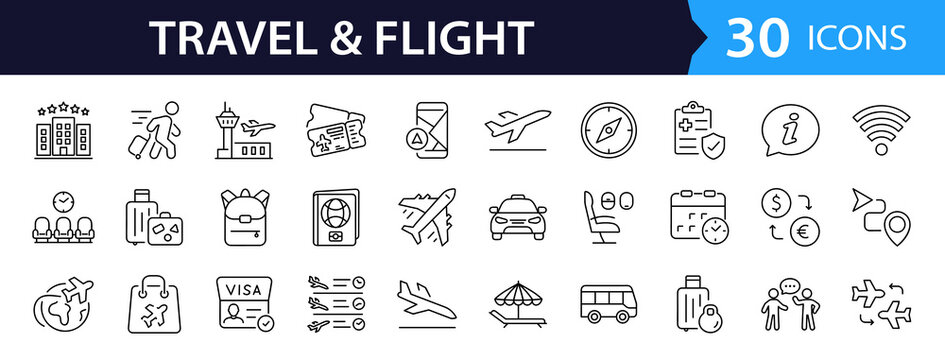 Flight and Travel Web Icon Set in Linear Style. Collection of Airport line icons, including aviation, travel, airplane, passport, airline service, plane, boarding pass, flight and more Editable stroke