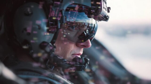 Guardian of the Skies: A determined pilot, encased in a helmet, gazes out upon a cityscape reflected in the visor. A portrait of expertise and duty, embodying focus and preparedness for flight.