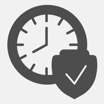 Watch with shield solid icon, daylight saving time concept. Vector graphics. Clock and security emblem with checkmark sign with glyph style for mobile or web design.