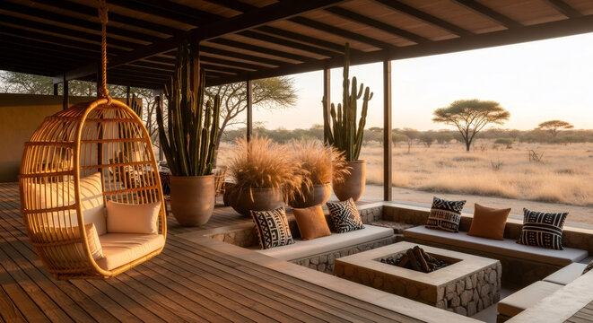 Luxurious outdoor lounge area with fire pit and savanna view. African style terrace decor with hanging chair and desert plants.