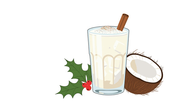 Festive holiday drink in a tall glass sprinkled with cinnamon, served with a fresh coconut half and a sprig of green holly with red berries.