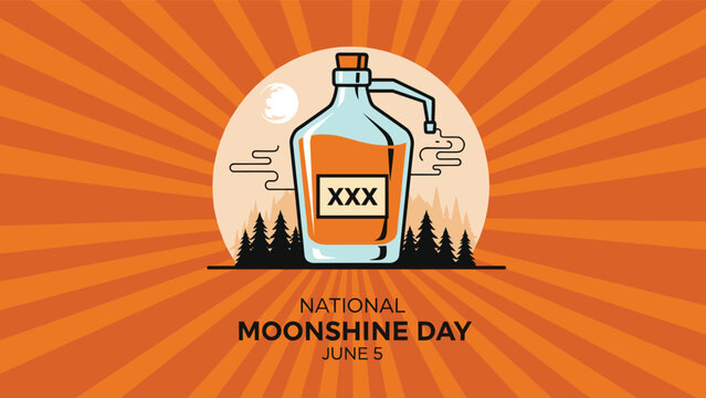 National Moonshine Day banner featuring a large jug of amber liquid with forests and a full moon in the background.
