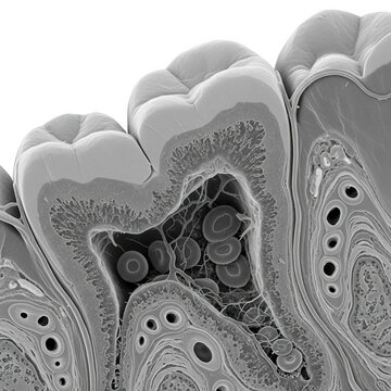 Scanning electron microscope showing a cross-section of human teeth, revealing the internal pulp chamber, dentin, and red cells