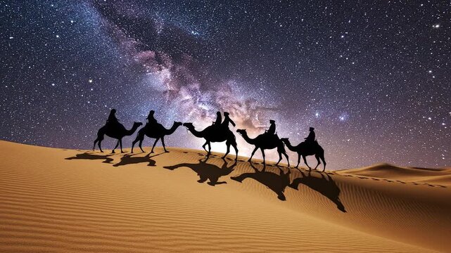 Camels and riders in desert under stars emphasizing natural beauty and pristine environments