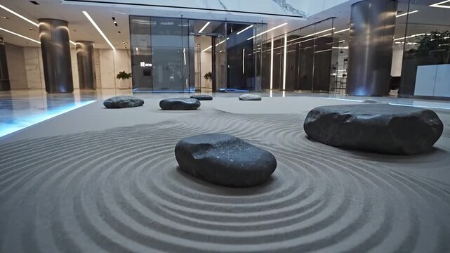 Serene Zen Garden Arrangement Featuring Smooth Stones on Rippled Sand Amidst Contemporary Architectural Interiors Symbolizing Tranquility and Natural Harmony within a Sophisticated Lobby Setting. Ambi