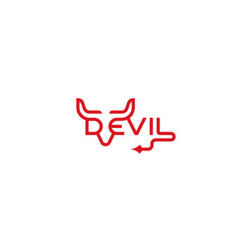 Devil head and tail, word mark logo.