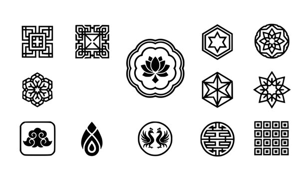 Ornamental oriental geometric pattern icon pack with traditional mandala motifs vector set