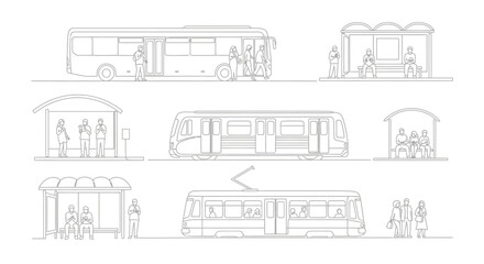 Obraz premium Public Transport Line Art: Bus, Tram, Subway Stations with People Waiting