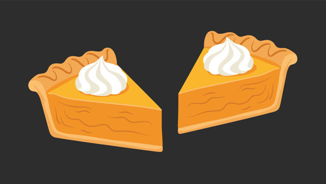 Slices of delicious homemade pumpkin pie topped with creamy swirls of whipped cream isolated on a dark gray background.