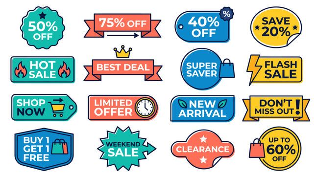 Colorful Sale Badges and Promo Labels Flat Vector Set