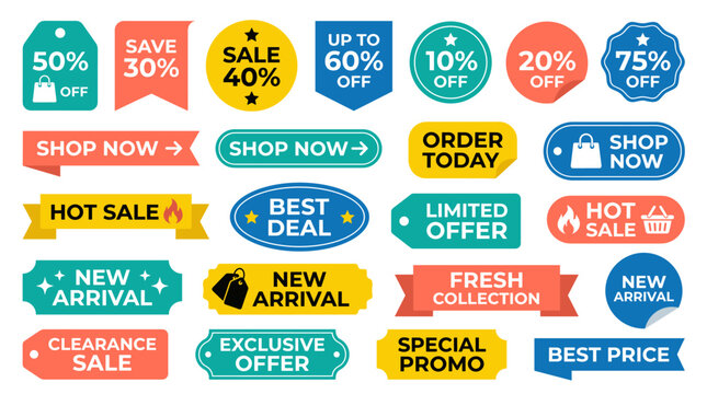 Colorful Sale Badges and Promo Labels Flat Vector Set