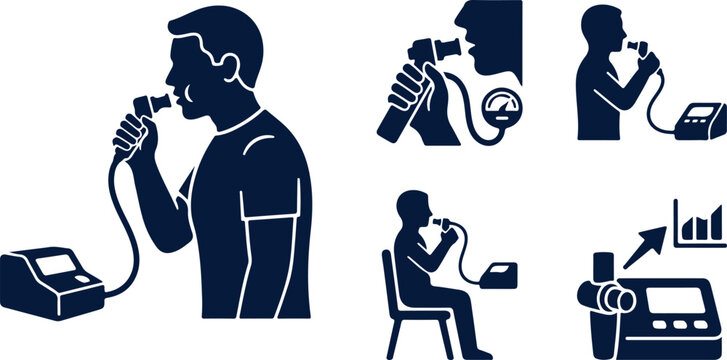 Set of medical symbols for measuring lung function and breathing health on transparent background.