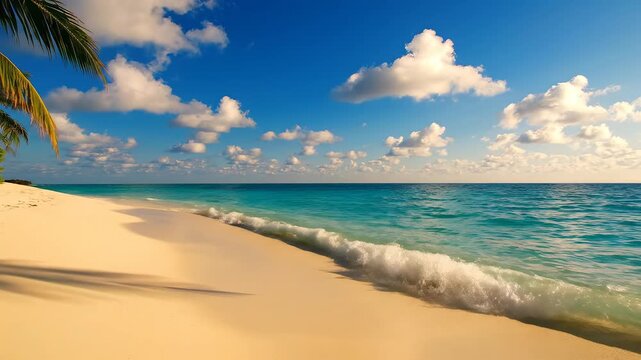 Tropical beach with palm tree and ocean ideal for travel vlogs and eco-friendly campaigns