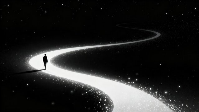 Silhouette walking on glowing path in space