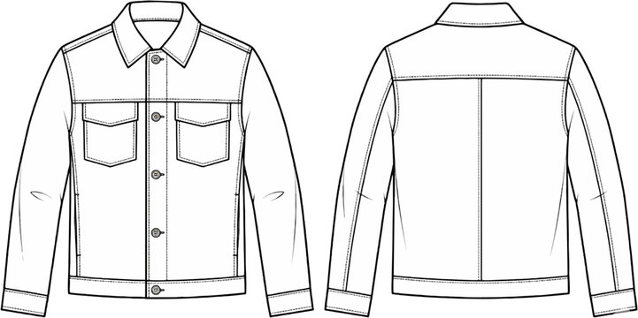 Black and White Work Jacket Technical Sketch Front and Back View
