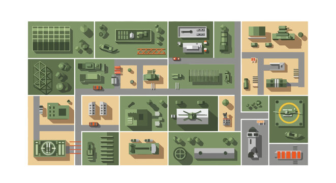 Top view military base map illustration with various buildings, vehicles and defense facilities in flat vector style.