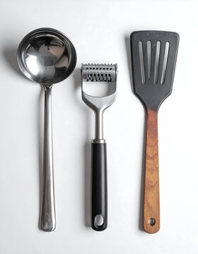 Three cooking utensils placed on a clean white surface. A ladle, zester and spatula are shown. The tools are vertically aligned